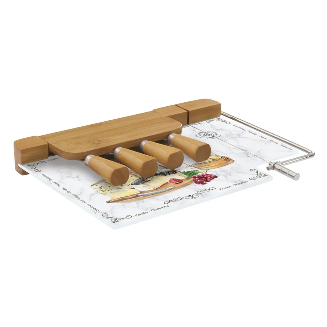 Planche à fromage avec fil et 4 couteaux à fromage LES FROMAGES