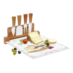 Planche à fromage avec plateau en verre et 4 couteaux à fromage LES FROMAGES